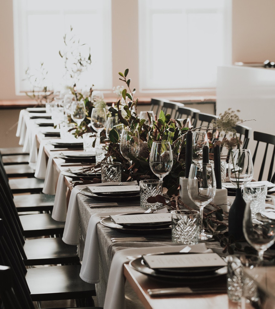 Tables set for a wedding reception.